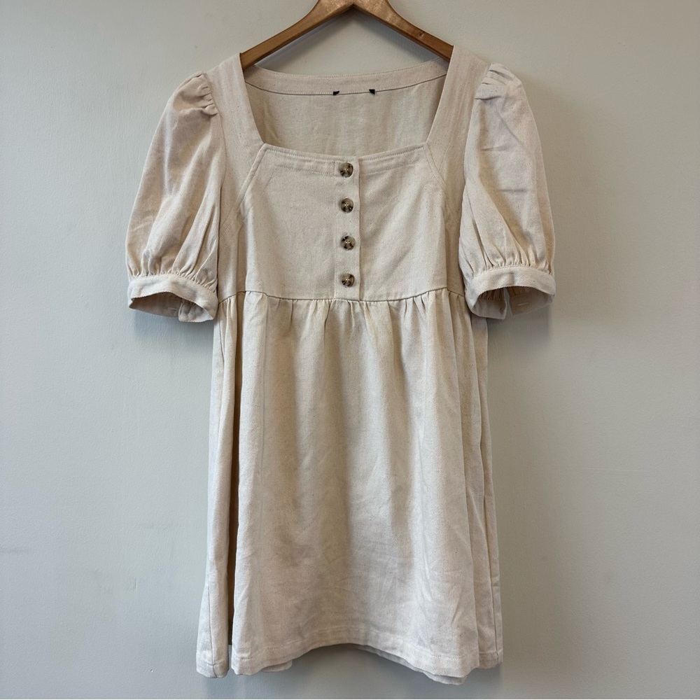Flying Tomato For the Day Oatmeal Woven Twill Mini Dress with Button Detail